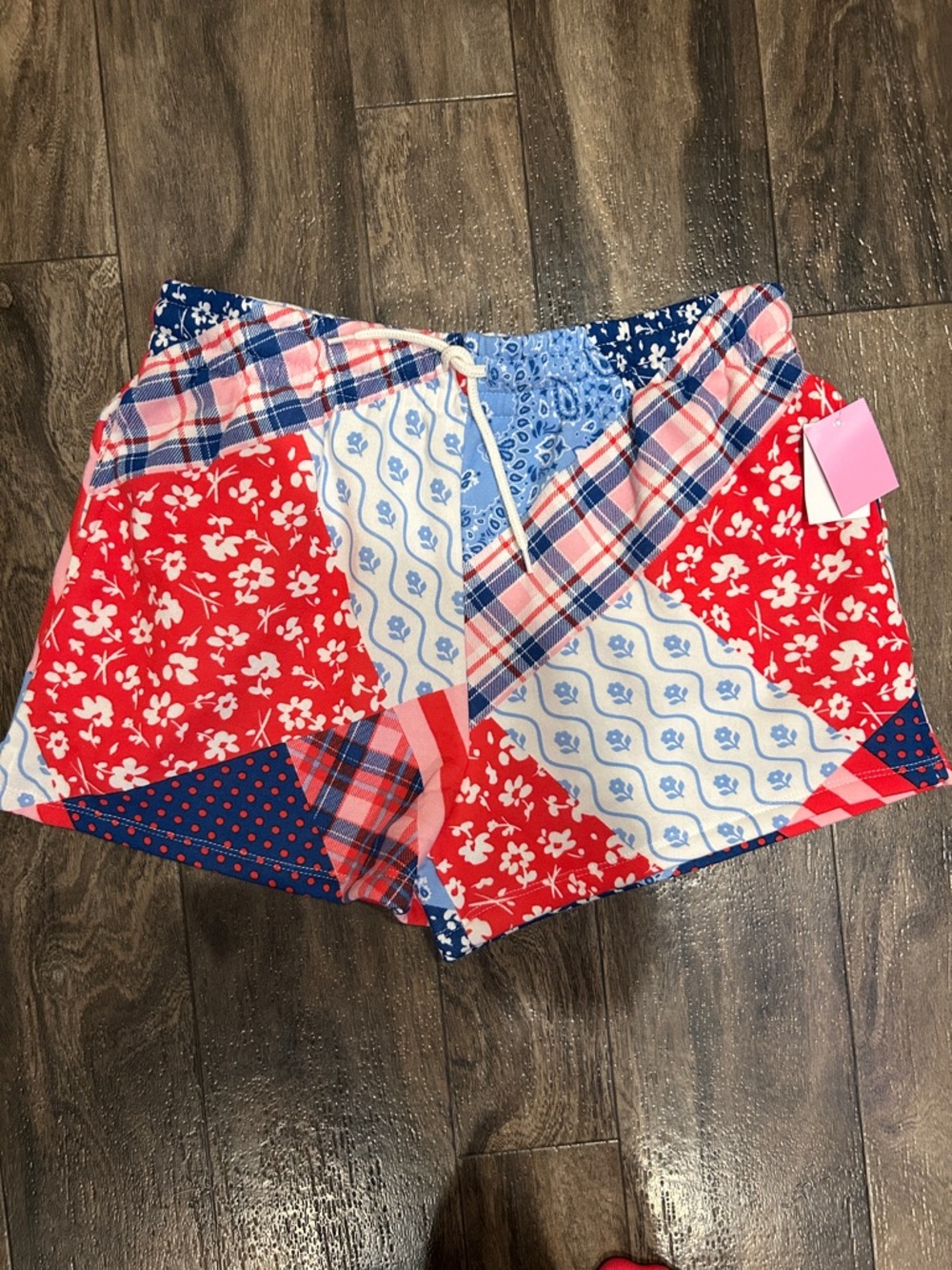 NWT Patchwork Print Women’s Casual Drawstring Shorts - Red/Blue